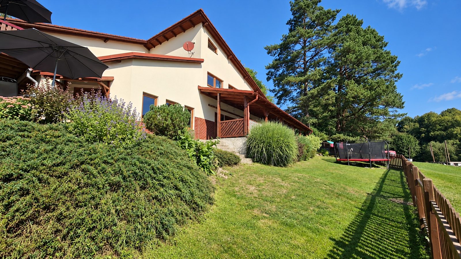 Hacienda Bellavista — boční pohled na dům se vzrostlými borovicemi